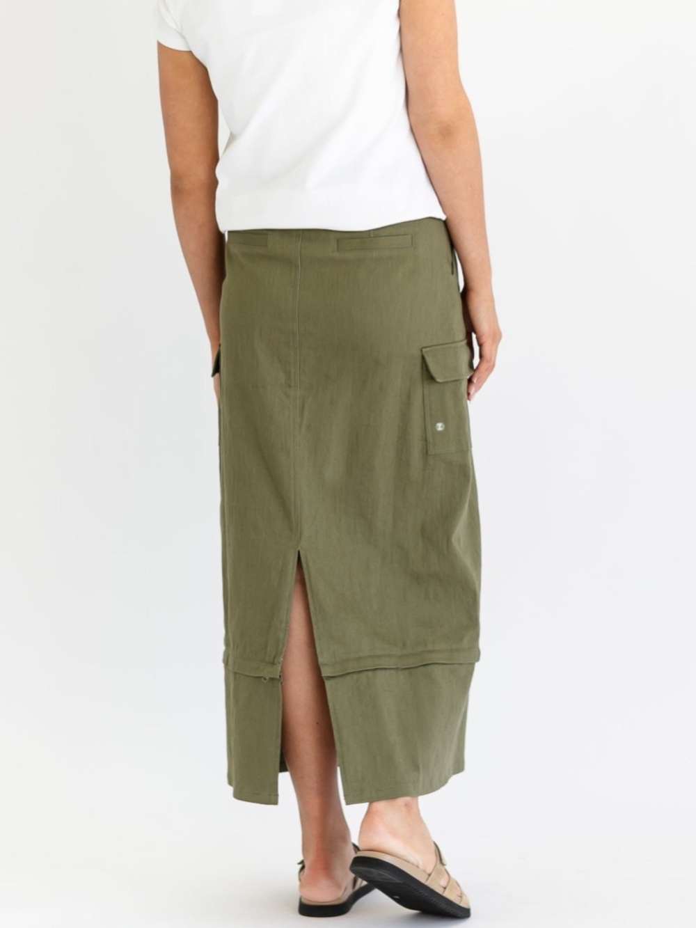 Inherit Zarina Cargo Midi Convertible Maxi Skirt Straight Fit Olive Green Modest - Picture 7 of 14